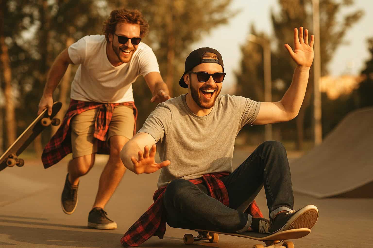 Dva mlada muškarca u skate parku – aktivan gradski život i urbani stil